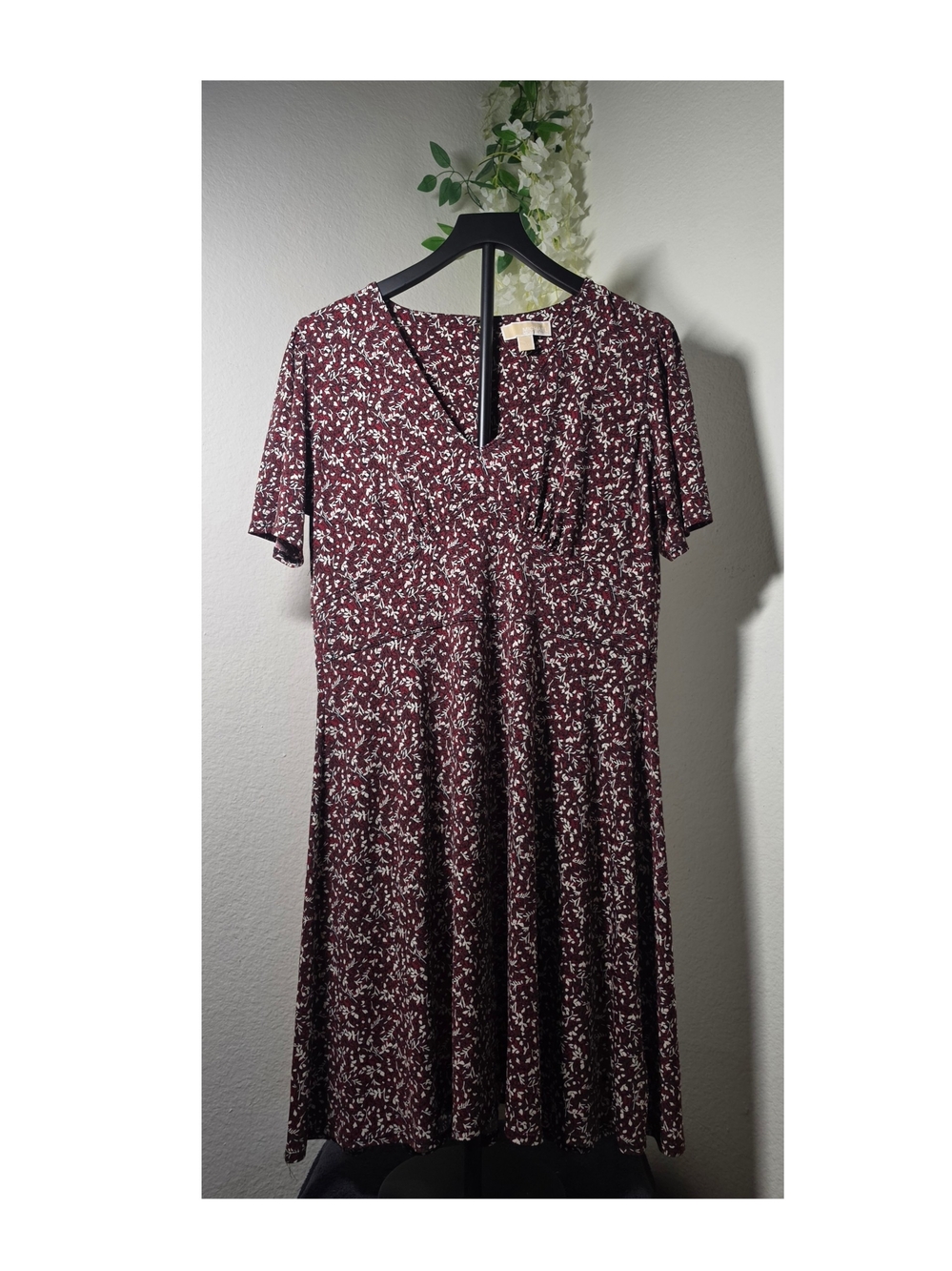 Michael Kors Burgundy Midi Dress with White Floral Print